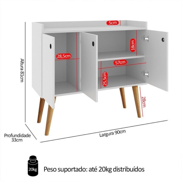 Aparador Buffet Wood Prime 3 Portas Cantinho Café Prateleira Organizadora Pés Palito Decoração Retrô – Branco – Rpm - Imagem 2