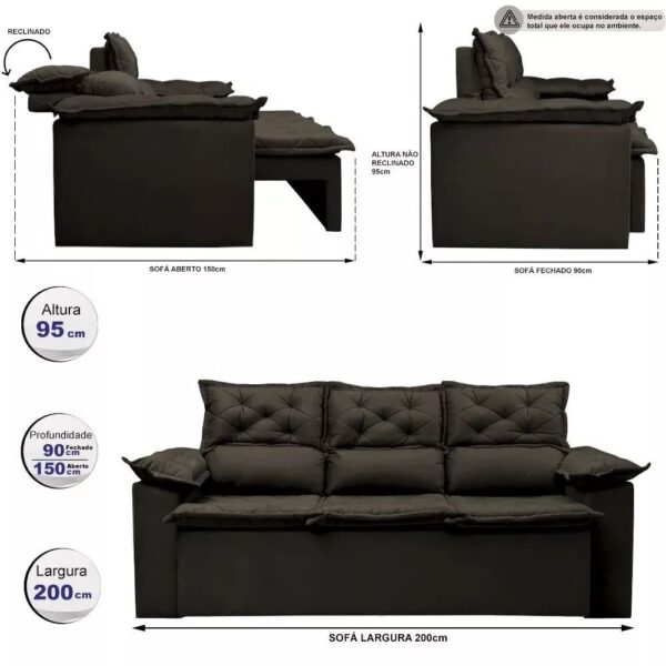Sofá 3 Lugares Retrátil e Reclinável Cama inBox Compact 2,00m Velusoft Café - Imagem 6