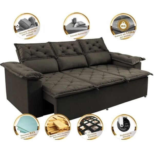 Sofá 3 Lugares Retrátil e Reclinável Cama inBox Compact 2,00m Velusoft Café - Imagem 5