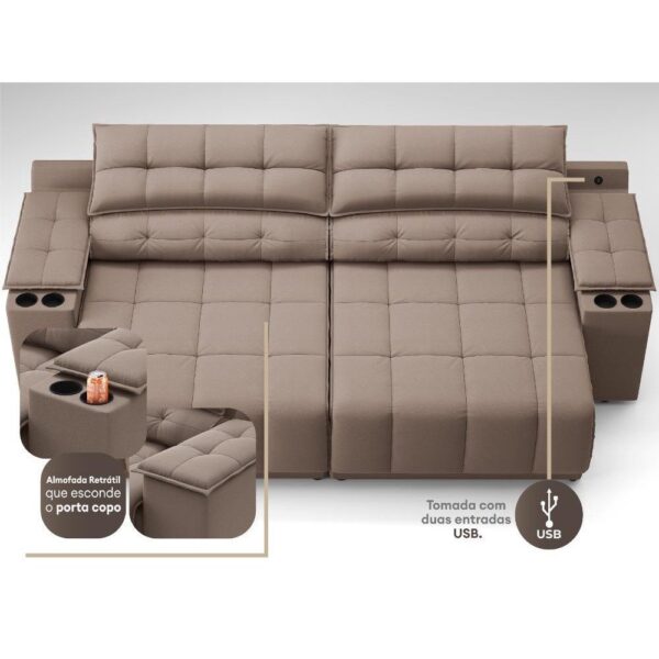 Sofá com Porta Copos Carregador USB Retrátil Reclinável Samurai 2 mt Velosuede Marrom netsofas - Imagem 2