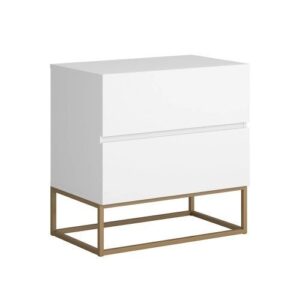 Mesa Cabeceira Eros 2 Gavetas estilo Industrial Branco com Pés Dourado