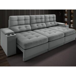 Sofá com Porta Copos e Carregador USB Eureka 2,30m Assento Retrátil e Reclinável Velosuede Grafite – netsofas