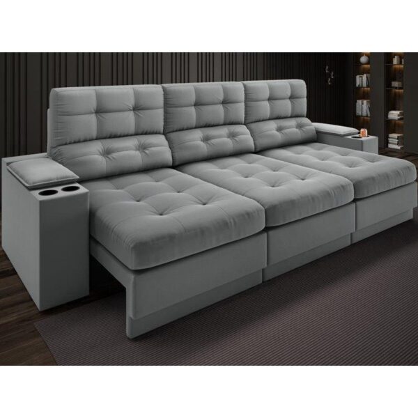 Sofá com Porta Copos e Carregador USB Eureka 2,30m Assento Retrátil e Reclinável Velosuede Grafite – netsofas