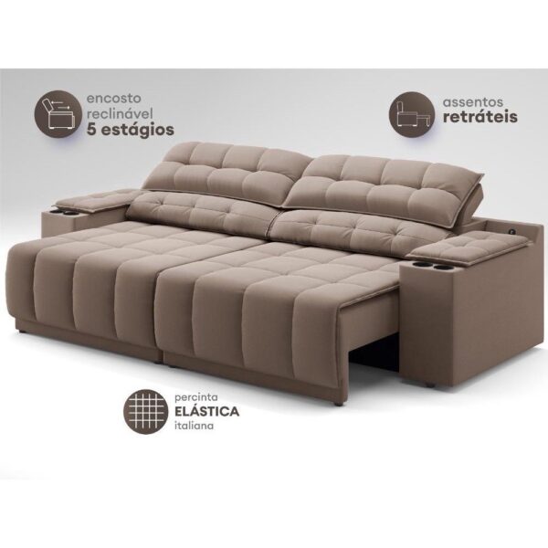 Sofá com Porta Copos Carregador USB Retrátil Reclinável Samurai 2 mt Velosuede Marrom netsofas - Imagem 4