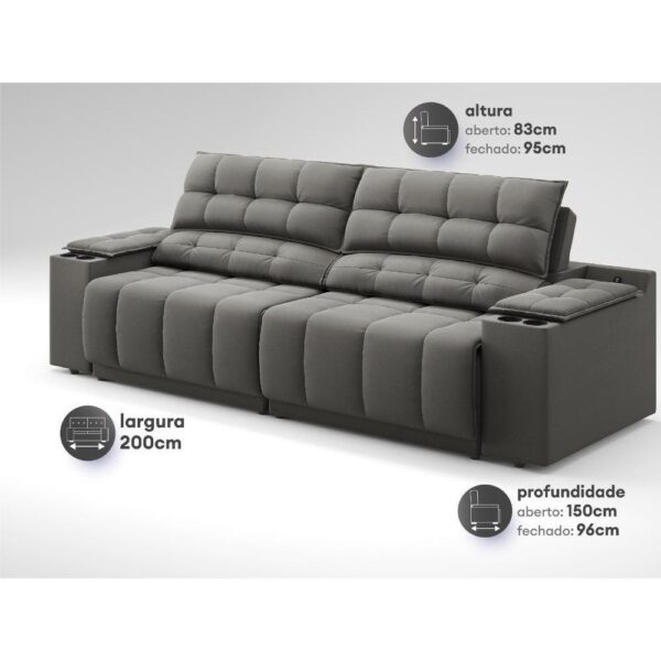Sofá com Porta Copos Carregador USB Retrátil Reclinável Samurai 2 mt Velosuede Cinza netsofas - Imagem 3