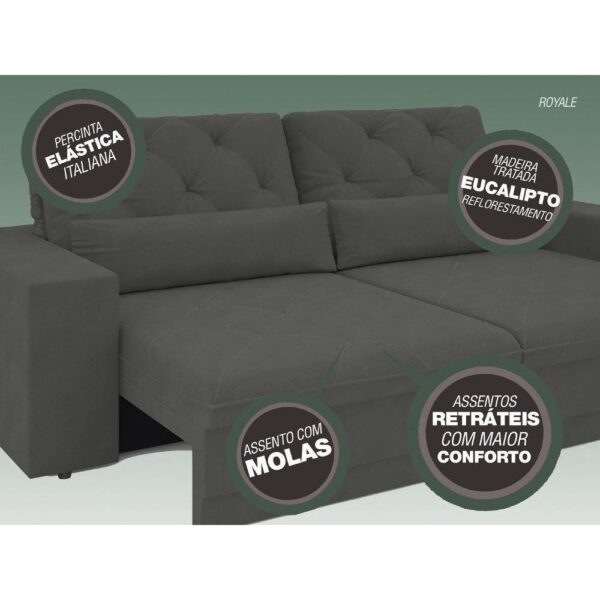 Sofá 5 Lugares Net Royale Assento Retrátil e Reclinável Grafite 2,50m - Imagem 3