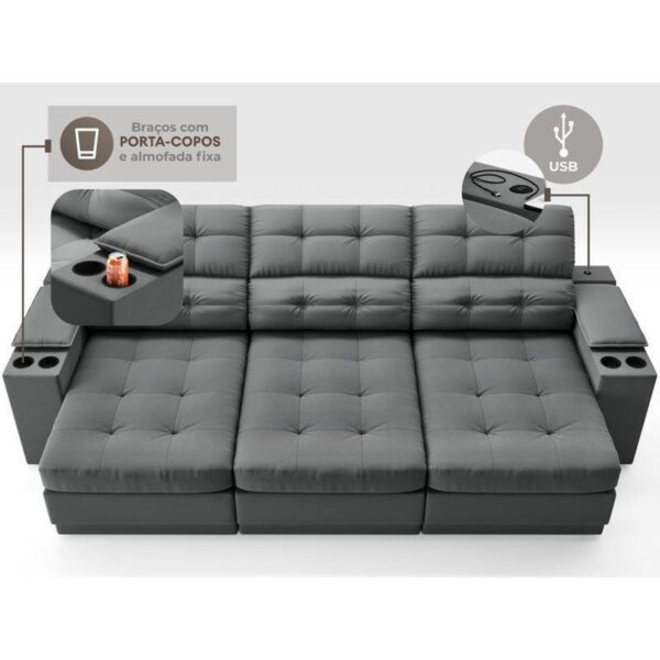 Sofá com Porta Copos e Carregador USB Eureka 2,30m Assento Retrátil e Reclinável Velosuede Grafite – netsofas - Imagem 3