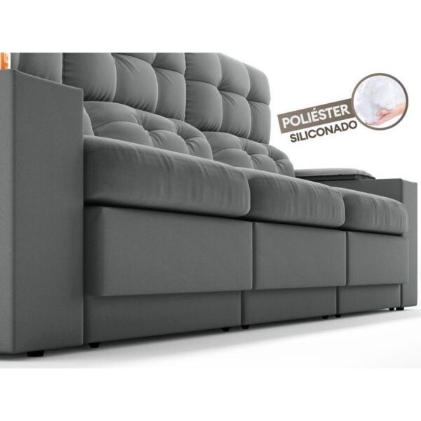 Sofá com Porta Copos e Carregador USB Eureka 2,30m Assento Retrátil e Reclinável Velosuede Grafite – netsofas - Imagem 4