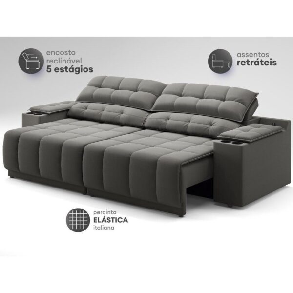 Sofá com Porta Copos Carregador USB Retrátil Reclinável Samurai 2 mt Velosuede Cinza netsofas - Imagem 4