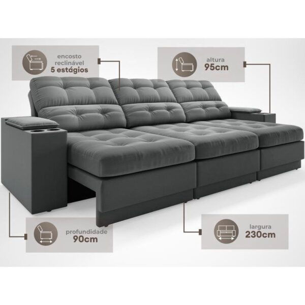 Sofá com Porta Copos e Carregador USB Eureka 2,30m Assento Retrátil e Reclinável Velosuede Grafite – netsofas - Imagem 2