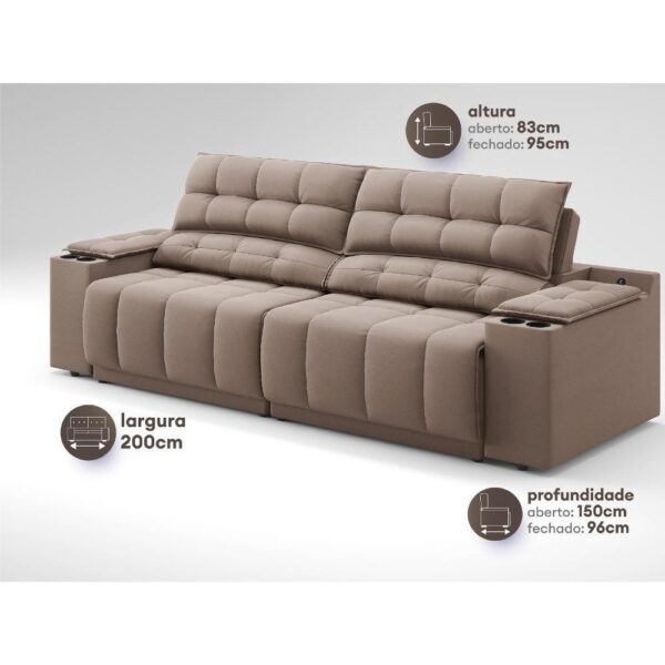 Sofá com Porta Copos Carregador USB Retrátil Reclinável Samurai 2 mt Velosuede Marrom netsofas - Imagem 3